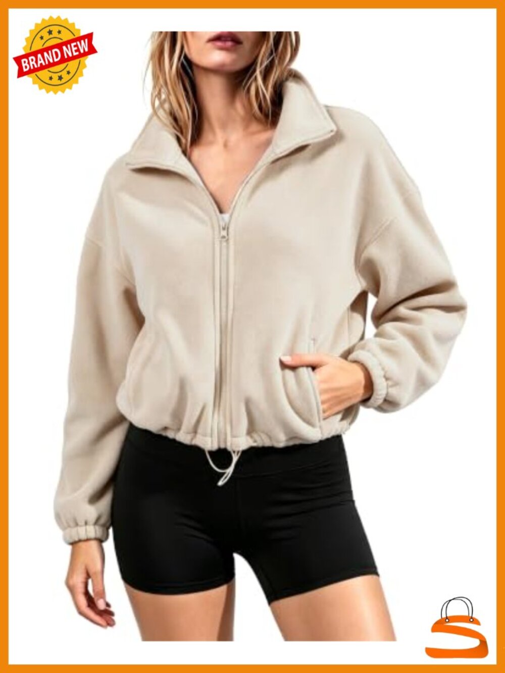 Fleece Crop Jacket Full Zip Sherpa Coat Oversized Stand Collar Pockets